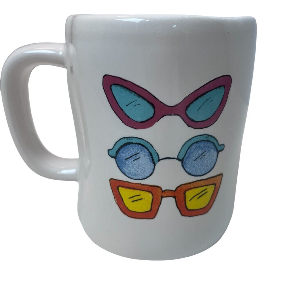 RAE DUNN  "THROWING SHADE" Double Sided Mug With Sunglasses On Back Blue Inside - Picture 2 of 6